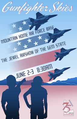 Image of a graphic of Gunfighter Skies Air and Space Celebration. The airshow is scheduled to be held June 2nd and 3rd. Gates open at 8:30 a.m. (U.S. Air Force Graphic by Airman 1st Class Janae Capuno)