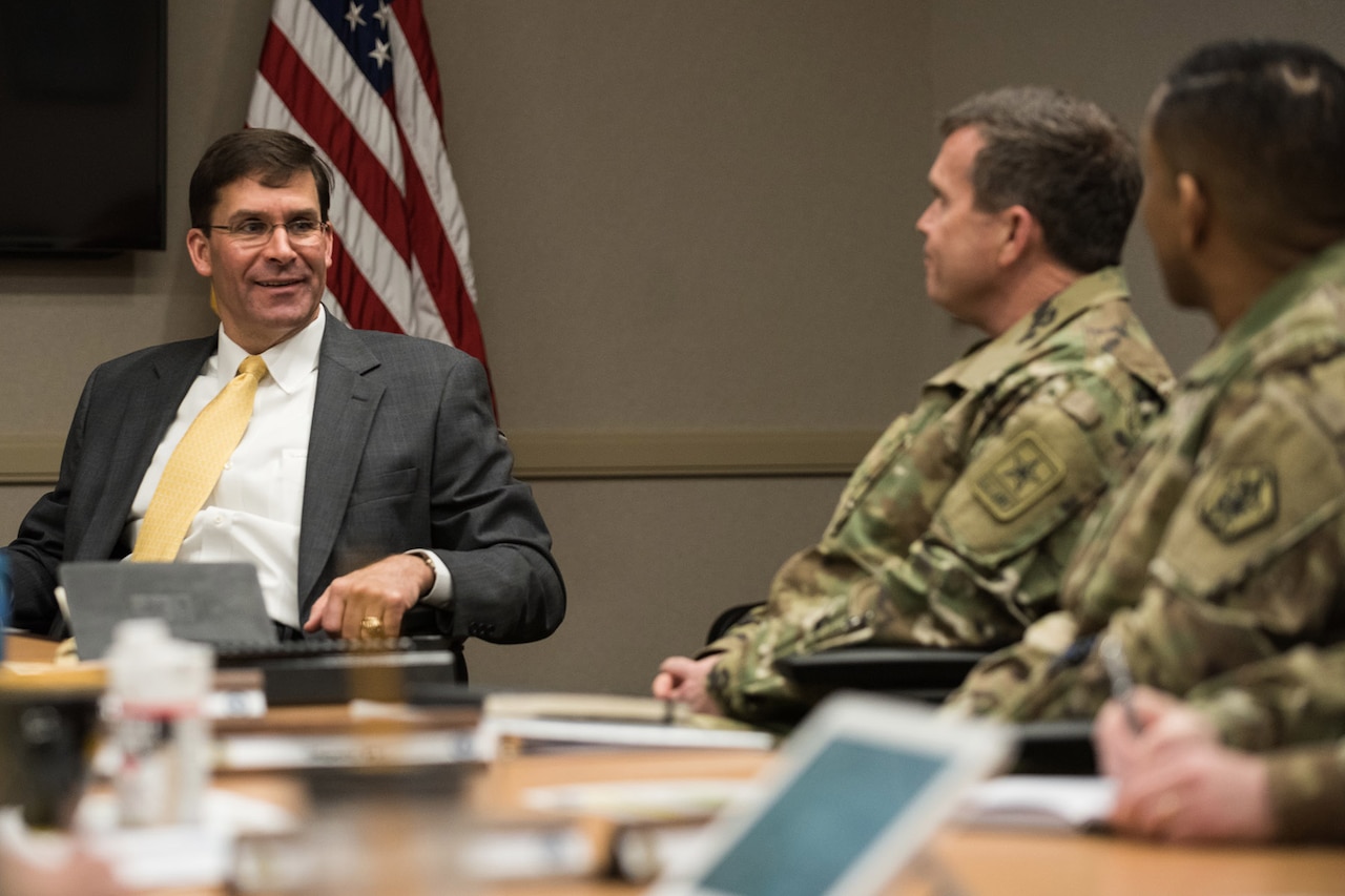 Army Secretary Mark Esper speaks to soldiers at Fort Knox, Ky., April 6, 2018