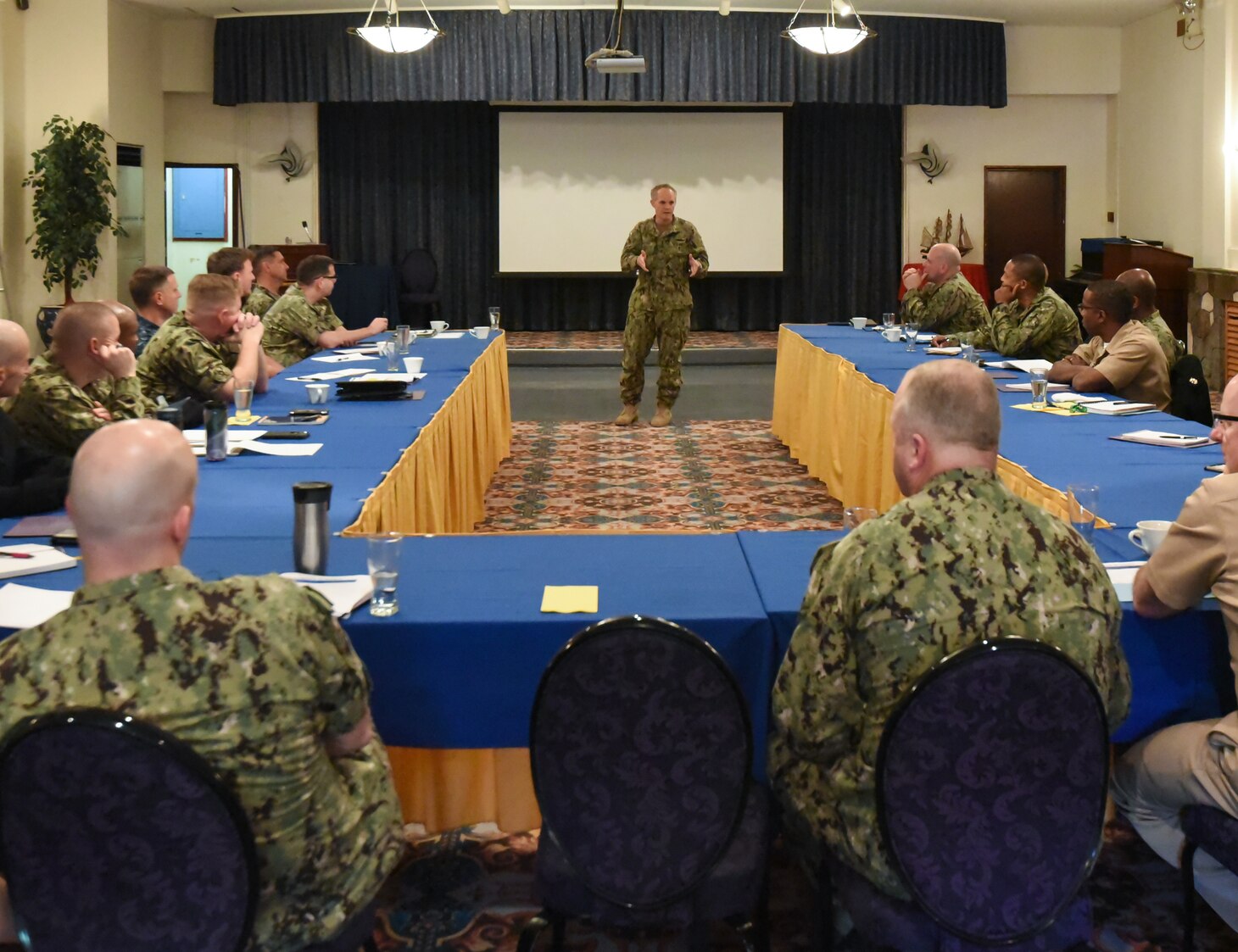 YOKOSUKA, Japan (April 19, 2018) Vice Adm. Phil Sawyer addresses the first overseas MCPON Executive Leadership Symposium on Commander Fleet Activities Yokosuka, April 19.  This symposium is focused on command master chief training and development.