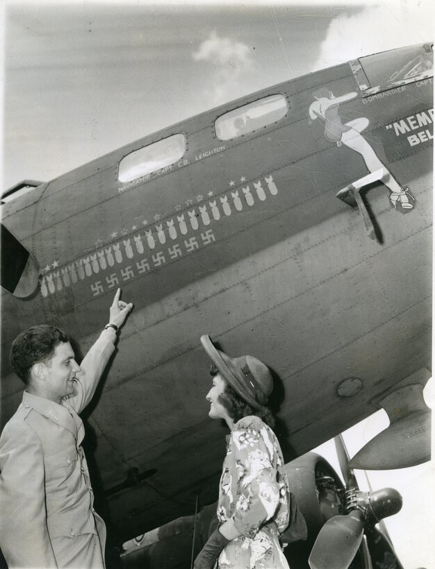 Margaret Polk with Robert Morgan in front of the Memphis Belle.
(Image courtesy of the Preservation and Special Collections Department, University Libraries, University of Memphis)