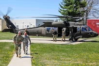 Army Maj. Gen. Richard Gallant, commander, Joint Task Force Civil Support (JTF-CS), departs a HH-60 Blackhawk with his command group at Muscatatuck Urban Training Center, Ind. Apr 20, 2018. JTF-CS is currently engaged in exercise Vibrant Response, an annual exercise that tests JTF-CS’s and the Defense Chemical, Biological, Radiological and Nuclear Response Force (DCRF)’s ability to respond to a catastrophic event. JTF-CS provides command and control for designated Department of Defense specialized response forces to assist local, state, federal and tribal partners in saving lives, preventing further injury and providing critical support to enable community recovery. (U.S. DoD photo by Mass Communication Specialist 3rd Class Michael Redd/released)