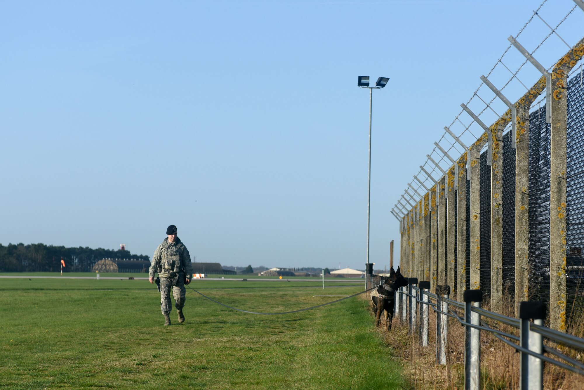 Staff Sgt. Bryce Bates, 48th Security Forces Squadron military working dog handler, and MWD Gorro perform a perimeter check at Royal Air Force Lakenheath, England, April 18, 2018. The MWD handlers and their K-9 partners walk the fence daily to maintain base security. (U.S. Air Force photo by Senior Airman Eli Chevalier)