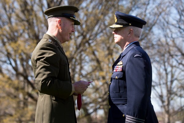 Chairman of the Joint Chiefs of Staff Gen. Joseph F. Dunford, Jr., met with his Australian counterpart Chief of the Defence Force Air Chief Marshal Mark Binskin in Washington D.C., April 20, 2018.