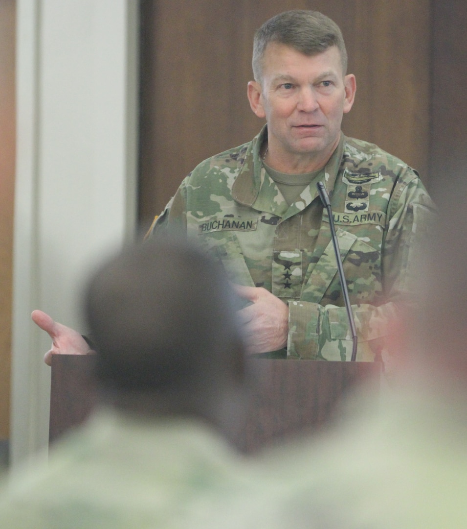 Lt. Gen. Jeffrey S. Buchanan, commander, U.S. Army North (Fifth Army), gives opening remarks at the second annual Joint Base San Antonio’s Sexual Assault Awareness and Prevention Summit at the Fort Sam Houston Community Center April 19. The summit provided a forum where service members, senior leaders, Department of Defense civilians and local community leaders can exchange ideas, best practices and the future of the program.