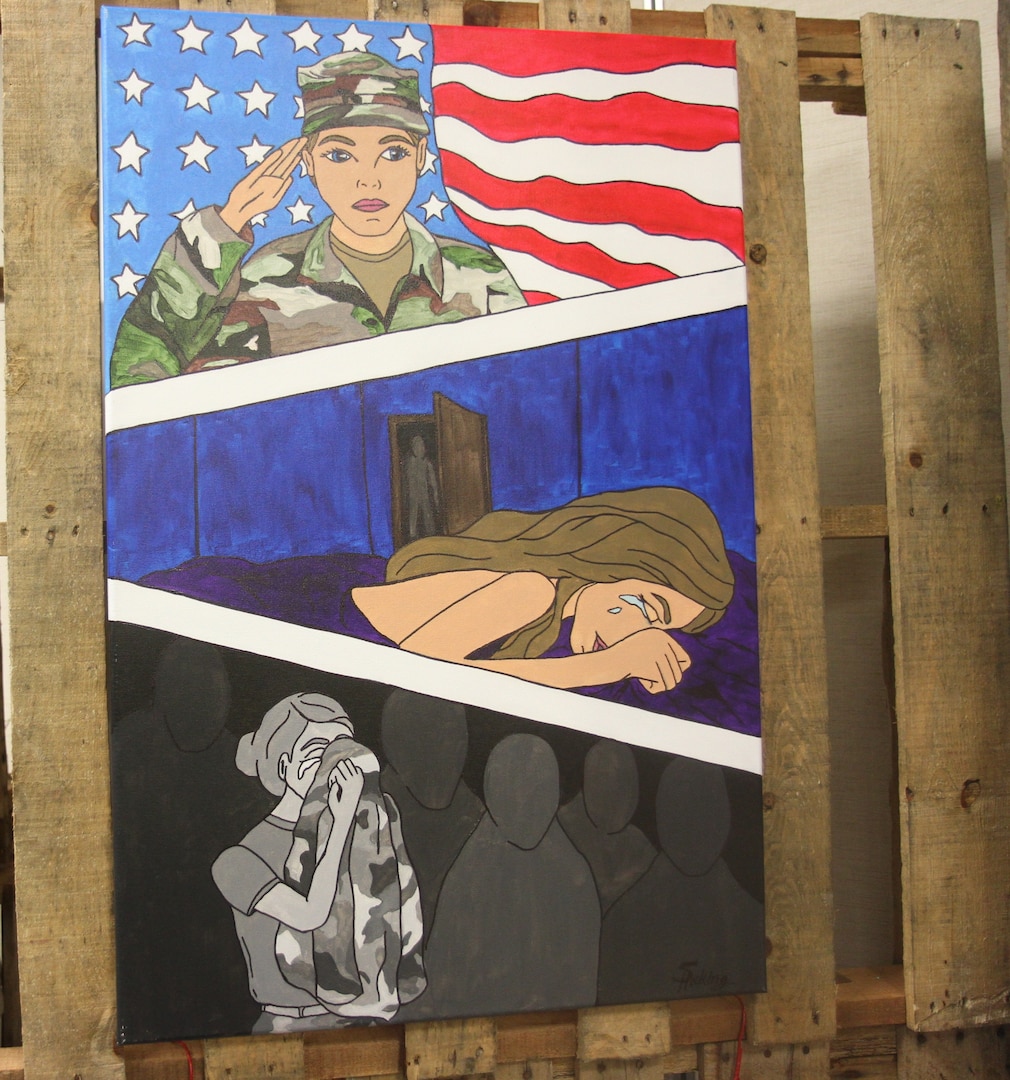 Prevention Summit at the Fort Sam Houston Community Center April 19, a painting is displayed depicting the devastation caused by sexual assault amongst military service members. The artist, Sandra Hocking, from the 470th Military Intelligence Brigade, titled this painting “Shattered Trust.”