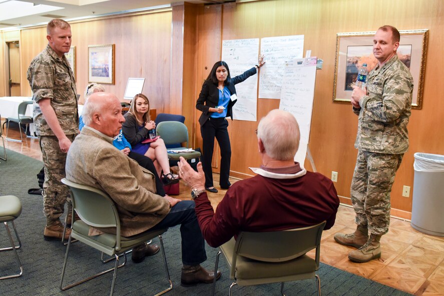 Military and community leaders discuss ways ahead for future initiatives in small working groups during the quarterly partnership agreement meeting held at San Angelo Community Medical Center, San Angelo Texas, April 19, 2018. Currently, Goodfellow and San Angelo lead the Air Force in community partnership agreements.  (U.S. Air Force photo by Aryn Lockhart/Released)