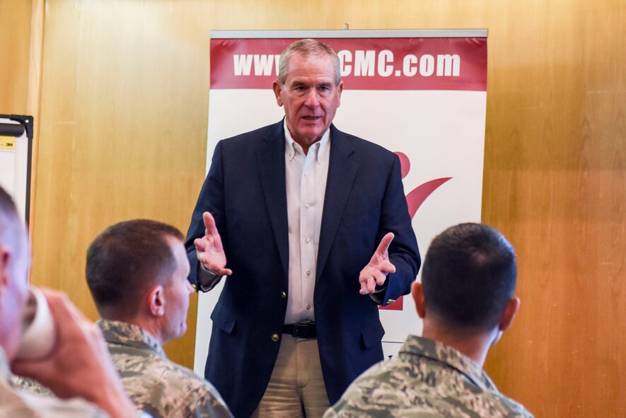 San Angelo Judge Stephen Floyd speaks during the quarterly community partnership agreement meeting held at San Angelo Community Medical Center, San Angelo, Texas, April 19, 2018. The leadership meeting gathered members of Goodfellow’s leadership and San Angelo civic leaders to discuss current status potential future agreements. (U.S. Air Force photo by Aryn Lockhart/Released)