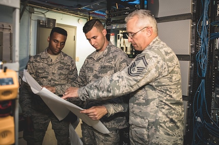 U.S. Air Force Senior Master Sgt. Mark Buchanan, right, superintendent, Staff Sgt. Charles Chalk, center, cable and antenna technician, and Staff Sgt. Wilson Gardner, airfield systems technician, from the 202d Engineering Installation Squadron (EIS), Georgia Air National Guard (ANG), review technical drawings at Muñiz ANG Base in San Juan, Puerto Rico, April 19, 2018. The 202d EIS deployed to the Puerto Rico Air National Guard’s 156th Airlift Wing as part of the Hurricane Irma and Maria recovery efforts to spearhead a large-scale project relocating communications systems cabling and equipment to a new hardened facility.