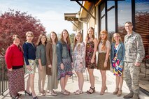 AEDC Woman’s Club scholarship recipients pause for a photo during the AEDCWC meeting April 5 at the Lakewood Country Club, Tullahoma. Pictured left to right are AEDCWC members Anne Wonder and Gale Klingelhoets; scholarship recipients Michelle Dong, Caroline Hitchcock, Leanne Turpin, Emily Owens, Mikahla Clemens and Leah McClure; and AEDCWC Honorary President Michelle Cain and AEDC Commander Col. Scott Cain. (Courtesy photo)