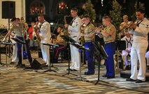 Brass instamentalists from Marine Corps Band New Orleans and Navy Band Southeast out of Jacksonville Florida, perform in the French Quarter in celebration of Navy Fleet week in New Orleans, April 21, 2018.