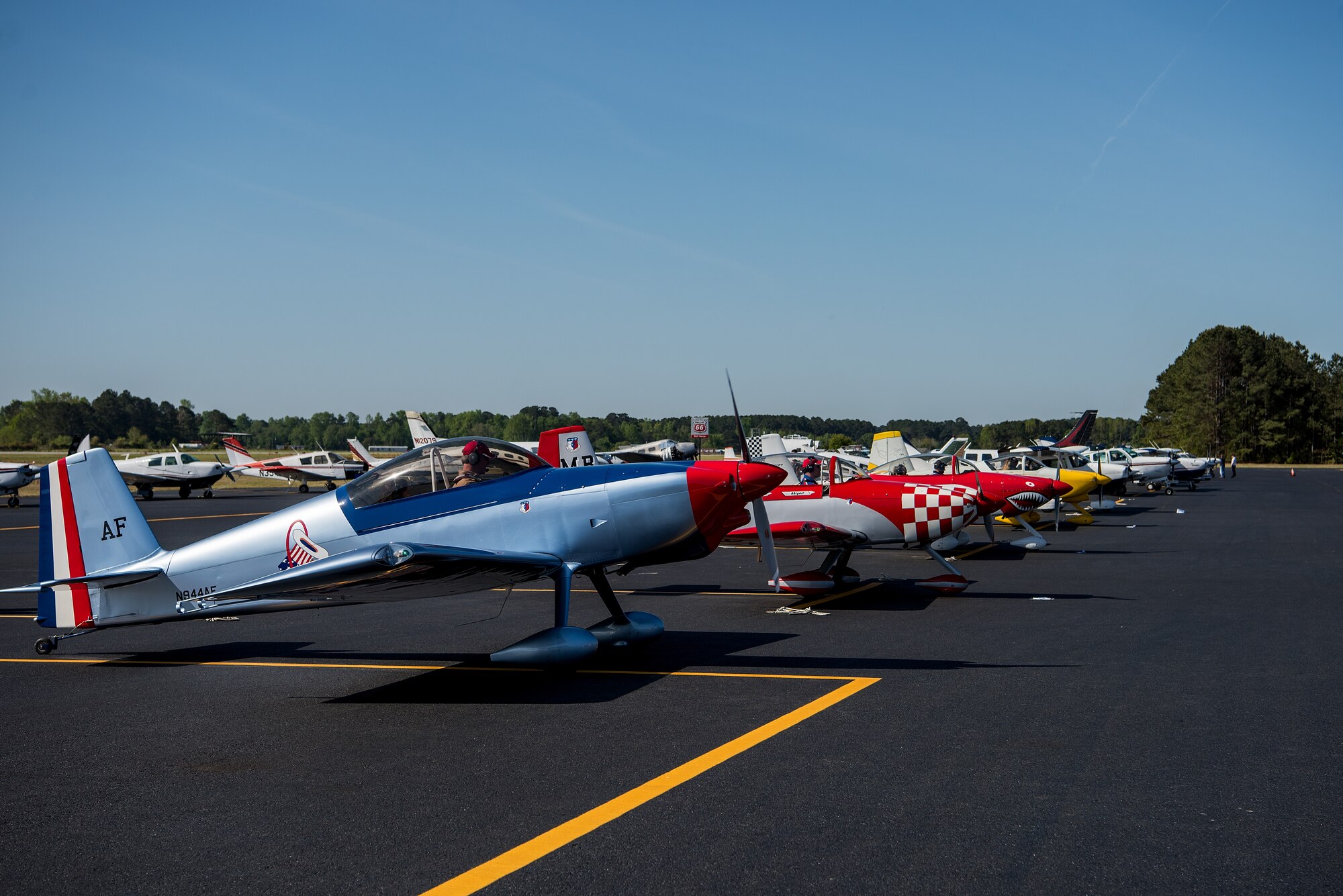 Aircraft line-up in preparation to taxi to the runway during a Controller Appreciation event, April 21, 2018, in Pikeville, North Carolina.