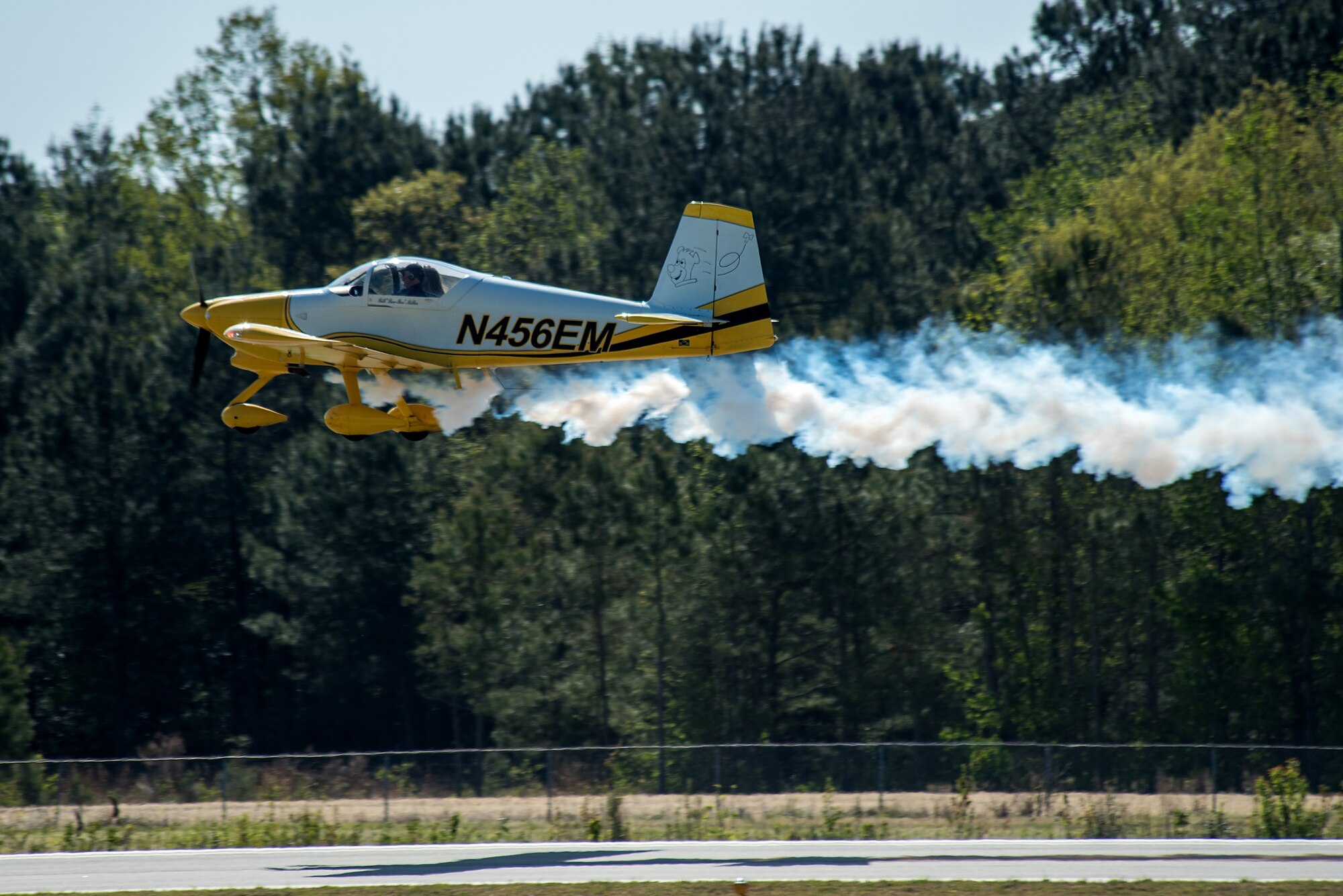 William “Boo-boo” Miller takes off with Senior Airman Payton Rossi, 4th Operations Support Squadron air traffic controller, to fly around Wayne County during a Controller Appreciation event, April 21, 2018, in Pikeville, North Carolina.