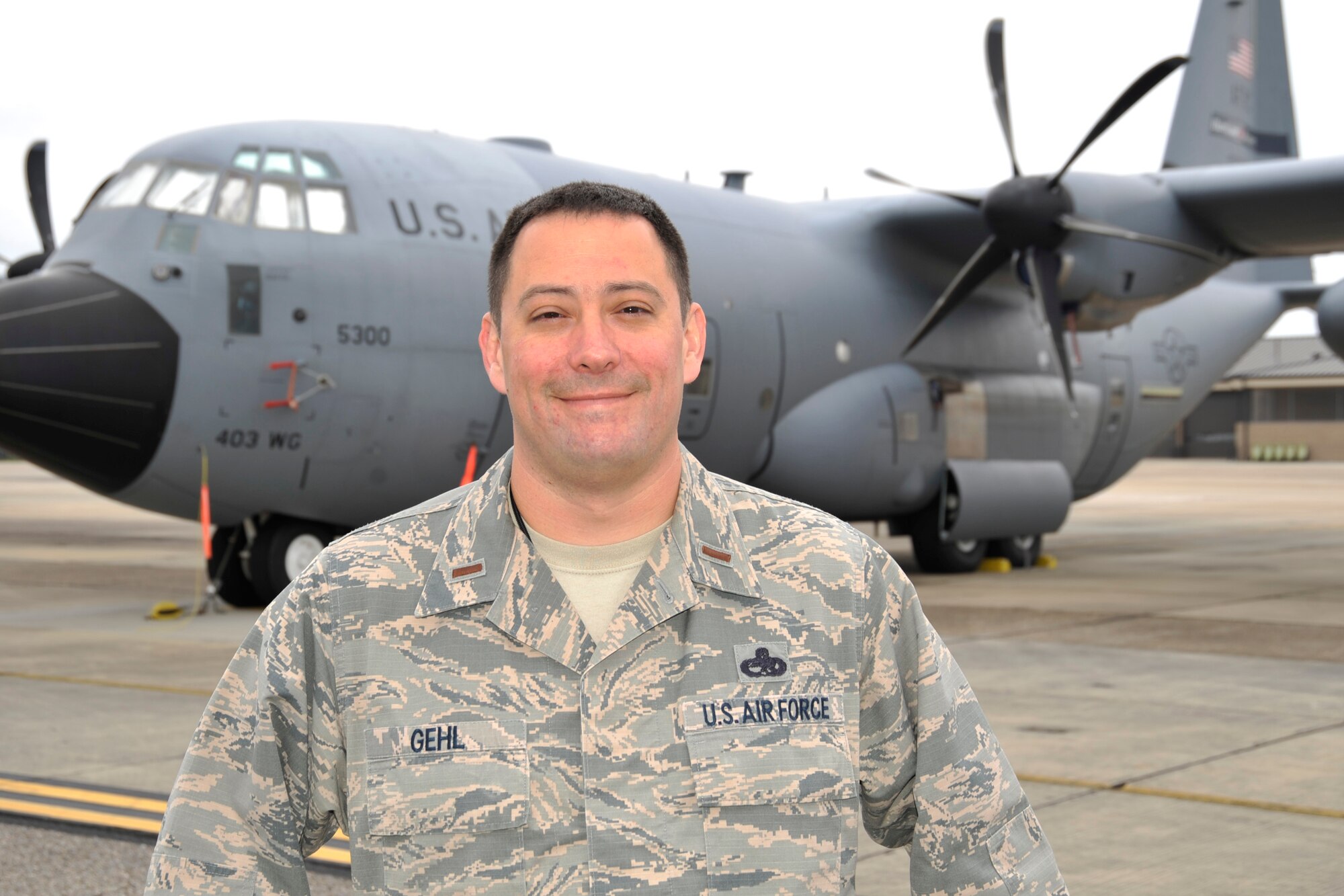 Second Lt. Anthony Gehl, 403rd Aircraft Maintenance Squadron operations officer, poses for a photo on the flight line at Keesler Air Force Base, Mississippi, April 8, 2018. Gehl received the 2017 Air Force Reserve Command Lieutenant General Leo Marquez Award in the category of Aircraft Maintenance Company Grade Manager for his exceptional performance in maintenance operations and management. (U.S. Air Force photo by Tech. Sgt. Ryan Labadens)