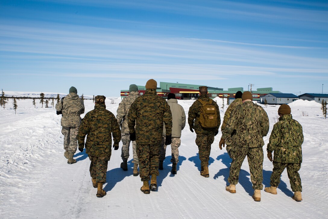 Distinguished visitors from Marine Forces Reserve and other service branches walk the snowy streets of Noatak, Alaska, as they visit the service members of Innovative Readiness Training Arctic Care 2018, Noatak, April 21, 2018.