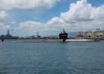 PEARL HARBOR (April 20, 2018) The Los Angeles- class fast-attack submarine USS Bremerton (SSN 698) departs Joint Base Pearl Harbor-Hickam for the final time, April 20.(U.S. Navy Photo by Mass Communication Specialist 2nd Class Shaun Griffin/Released)