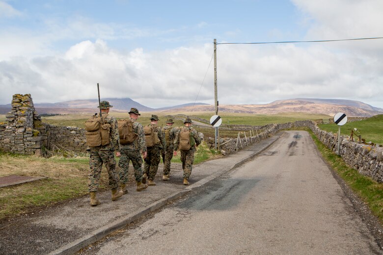 Reserve Marines with 4th Air Naval Gunfire Liaison Company, Force Headquarters Group, perform a five-mile movement to a possible observation post in Cape Wrath, Scotland, April 23, 2018.
