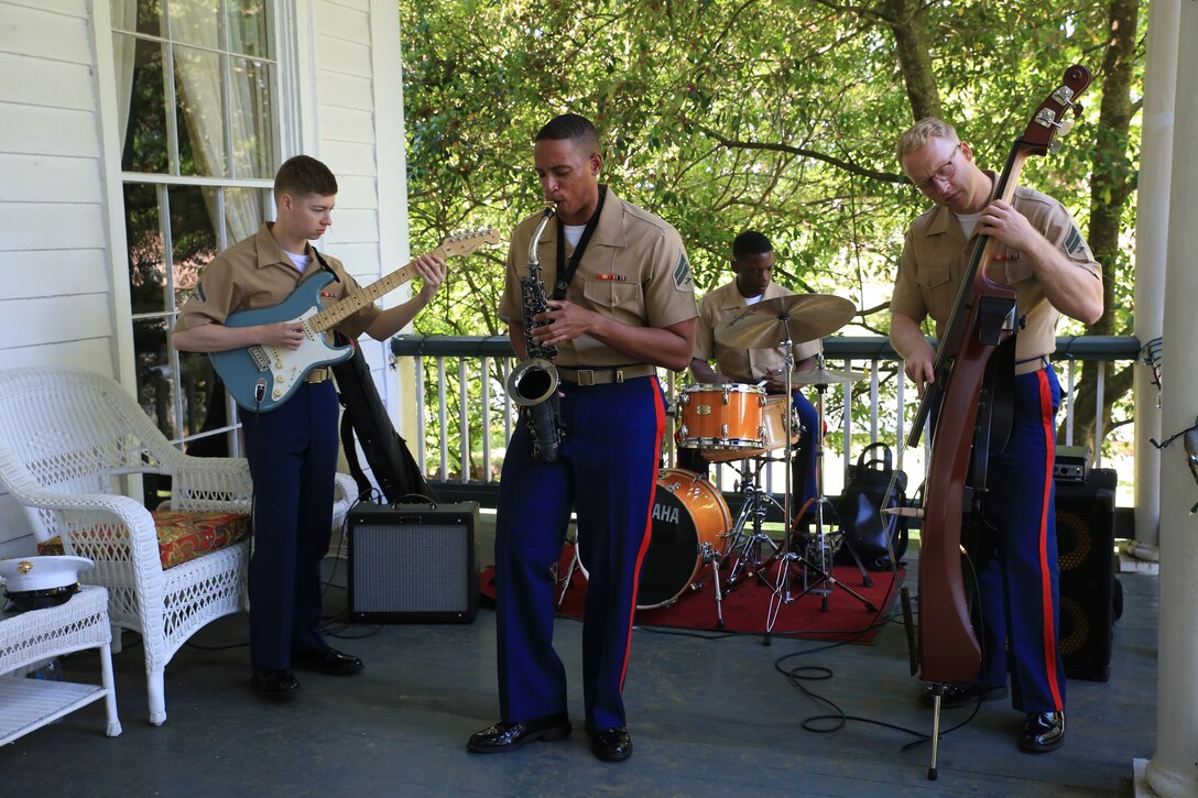 Marine Corps Band New Orleans Jazz Ensemble performs at the Historic Lebeuf Plantation house for a celebration brunch during navy Fleet week in New Orleans, April 23, 2018. Navy Fleet week is an opportunity for citizens of New Orleans and surrounding areas to meet service members and witness the latest capabilities of today’s maritime service. (U.S. Marine Corps phot by Lance Cpl. Samantha Schwoch/released)