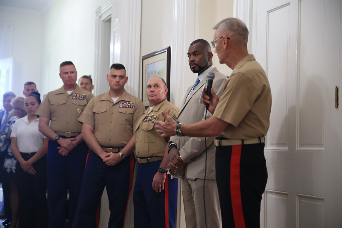 Lt. Gen. Rex C. McMillian, commanding general of Marine Forces Reserve and Marine Forces North, speaks to his guests during a brunch held at the Historic Lebeuf Plantation House in celebration of Navy Fleet week in New Orleans, April 23, 2018. Navy Fleet week is an opportunity for citizens of New Orleans and surrounding areas to meet service members and witness the latest capabilities of today’s maritime service. (U.S. Marine Corps phot by Lance Cpl. Samantha Schwoch/released)