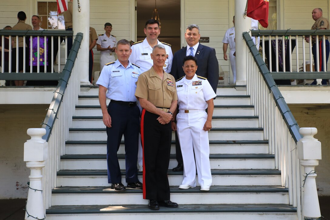 Lt. Gen. Rex C. McMillian, commanding general of Marine Forces Reserve and Marine Forces North, poses with distinguished visitors following a brunch held at the Historic Lebeuf Plantation House in celebration of Navy Fleet week in New Orleans, April 23, 2018. Navy Fleet week is an opportunity for citizens of New Orleans and surrounding areas to meet service members and witness the latest capabilities of today’s maritime service. (U.S. Marine Corps phot by Lance Cpl. Samantha Schwoch/released)