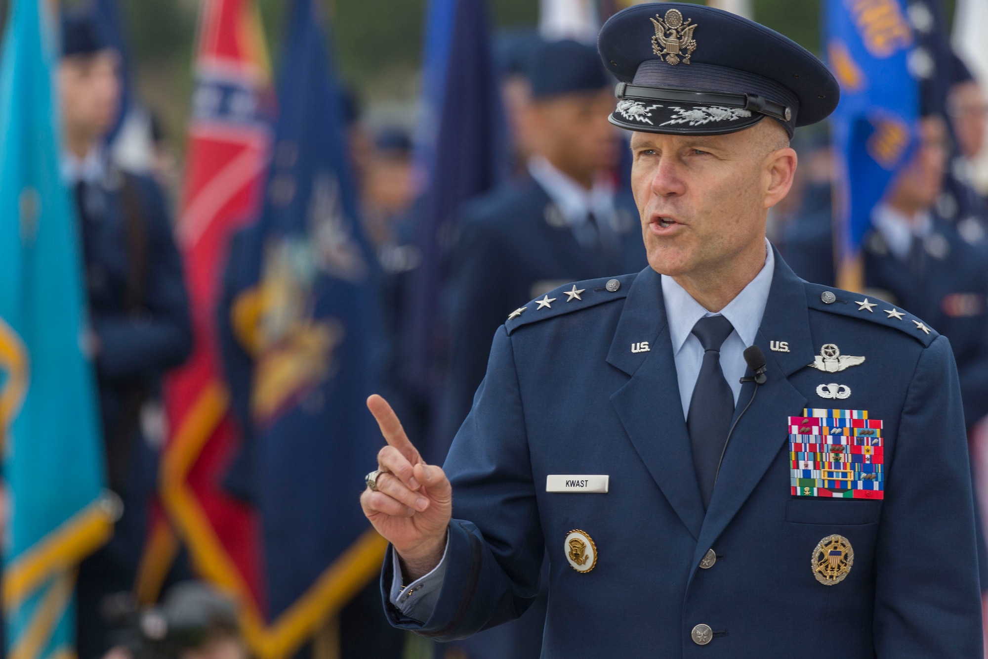 Lt. Gen. Steven L. Kwast, Commander of the Air Education and Training Command address the crowd at Joint Base San Antonio-Lackland, Texas during a basic military training graduation ceremony April 20, 2018. The ceremony also acknowledged the beginning of “Fiesta San Antonio,” the city’s annual festival held to honor the memory of the battles of the Alamo and San Jacinto. (U.S. Air Force photo by Ismael Ortega / Released)