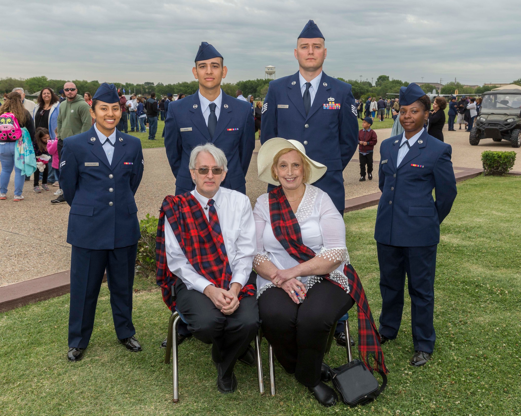 David Lackland (Center) and his wife Eileen take a group photo at Joint Base San Antonio-Lackland, Texas after a basic military training graduation ceremony April 20, 2018. David is the cousin of Brig. Gen. Frank D. Lackland, the namesake of JBSA-Lackland. Today is the first time David and Eileen have viewed a BMT graduation. (U.S. Air Force photo by Ismael Ortega / Released)