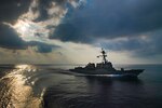 NDIAN OCEAN (March 28, 2018) The Arleigh Burke-class guided-missile destroyer USS Halsey (DDG 97) transits the Indian Ocean. Halsey is currently underway with the Theodore Roosevelt Carrier Strike Group for a regularly scheduled deployment in the U.S. 7th Fleet area of operations in support of maritime security operations and theater security cooperation efforts.