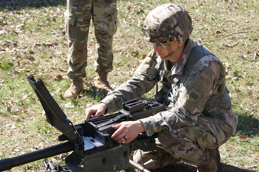 Staff Sgt. Ethan Kruger, assigned to Camp Parks Noncommissioned Officer Academy, 83rd U.S. Army Reserve Readiness Training Center, 100th Training Division, demonstrates weapons knowledge as part of the 80th Training Command's 2018 Best Warrior Competition at Fort Knox, Kentucky, April 14, 2018. (U.S. Army Reserve photo by SFC Elizabeth Breckenkamp, 80th Training Command)