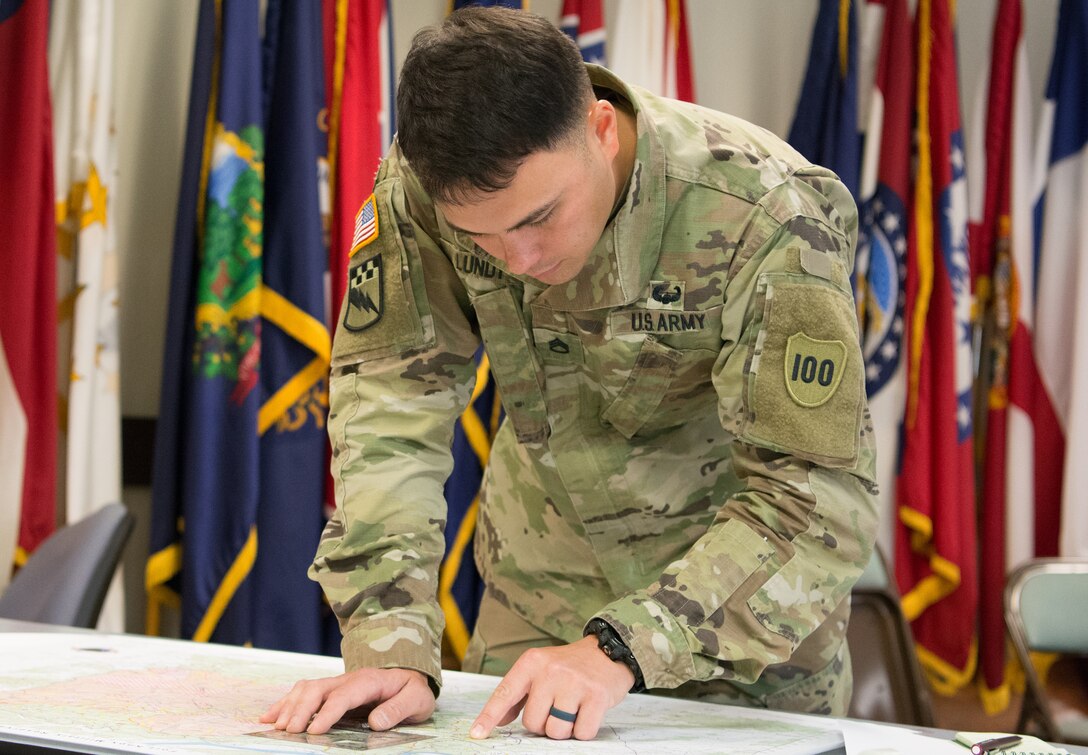 Staff Sgt. William Lundy, of the 100th Training Division, puts his map-reading skills to the test as part of the 80th Training Command's 2018 Best Warrior Competition at Fort Knox, Kentucky, April 13, 2018. (U.S. Army Reserve photo by Maj. Addie Leonhardt, 80th Training Command)