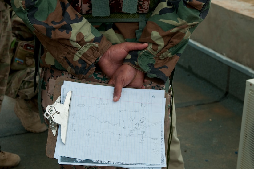 A Jordan Armed Forces soldier assigned to a fires support team stands with his range card behind his back during an exercise at Jordan’s Joint Training Center near Amman, Jordan, April 11, 2018. The bilateral training was part of the Jordan Operational Engagement Program and focused on the exchange of infantry tactics and techniques.