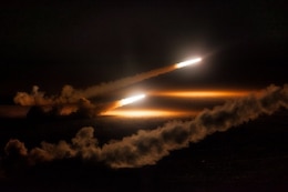 A live-fire exercise by U.S. soldiers with 1st Battalion 14th Field Artillery and United Arab Emirates soldiers with 79th Heavy Rocket Regiment (HRR) lights up the night sky during Operation Saif Strike in United Arab Emirates.