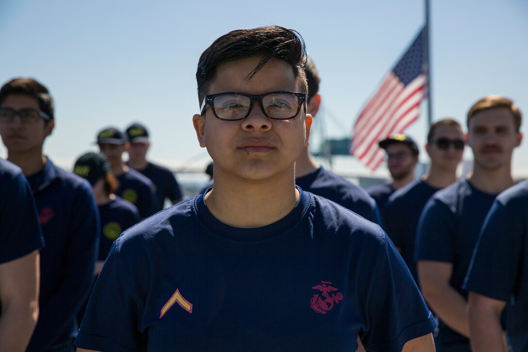Oregon Navy and Marine Corps enlistees stand in formation before their Oath of Enlistment aboard the future USS Portland (LPD 27) in Portland, Oregon, April 19, 2018. Portland is the U.S. Navy’s 11th San Antonio-class amphibious transport dock ship. It is the third ship to bear the name USS Portland; however, it is the first ship to be named solely for Oregon’s largest city. (U.S. Marine Corps photo by Sgt. Steven Tran)