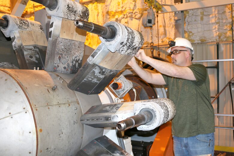 John Allan readies one of the arc heater units at the High Temperature Laboratory at Arnold Air Force Base for an upcoming test. The HTL test teams anticipate an increased workload over the next few years and have been implementing several changes recently in preparation for the additional testing. (U.S. Air Force photo/Deidre Ortiz)