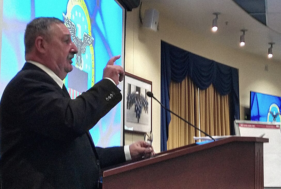 DLA Vice Director Ted Case addresses participants at the McNamara Headquarters Complex, Fort Belvoir, Virginia, April 24.