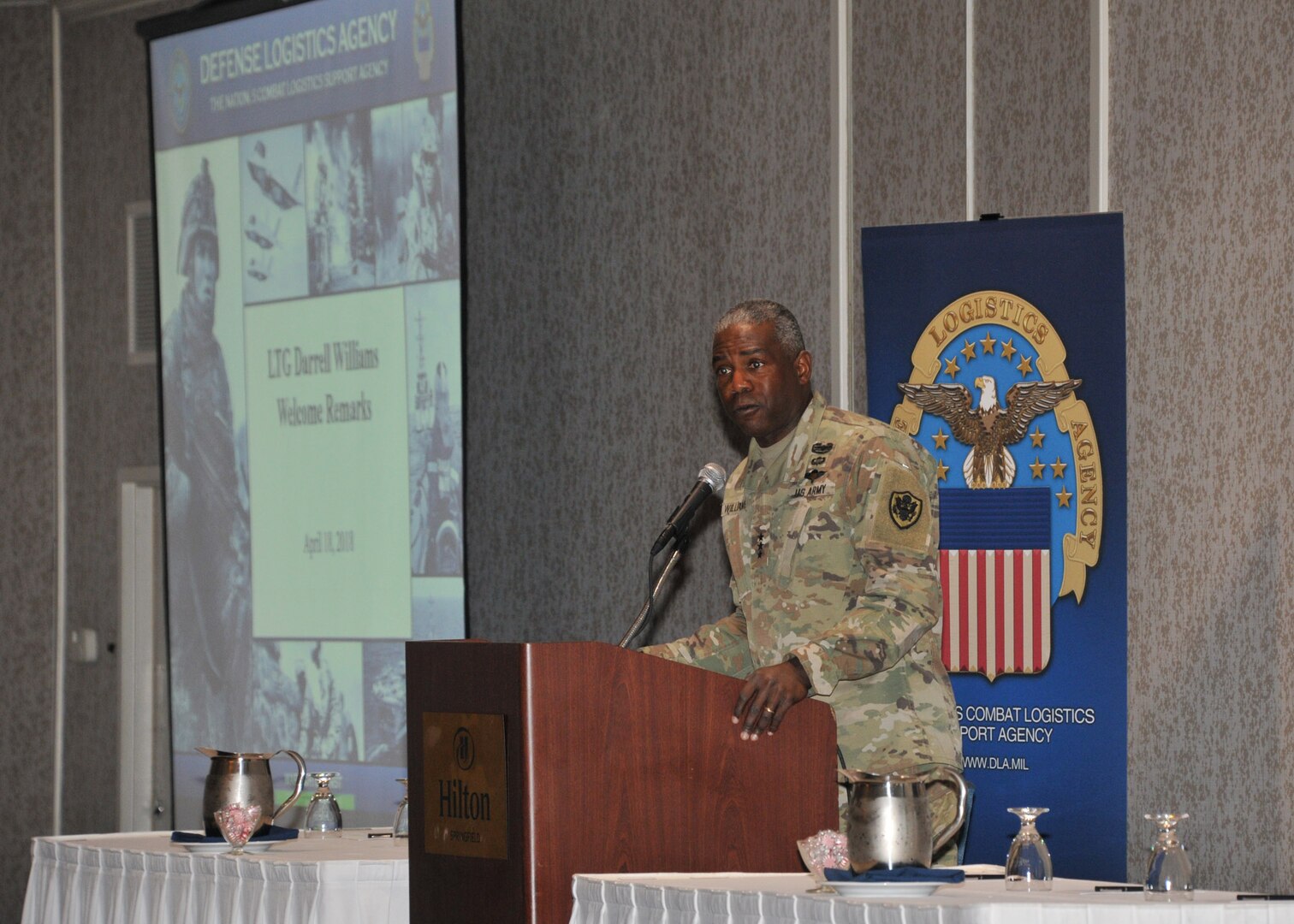 DLA Director Army Lt. Gen. Darrell Williams delivers remarks to customer-facing representatives at the annual Global Customer-Facing Summit, April 18.