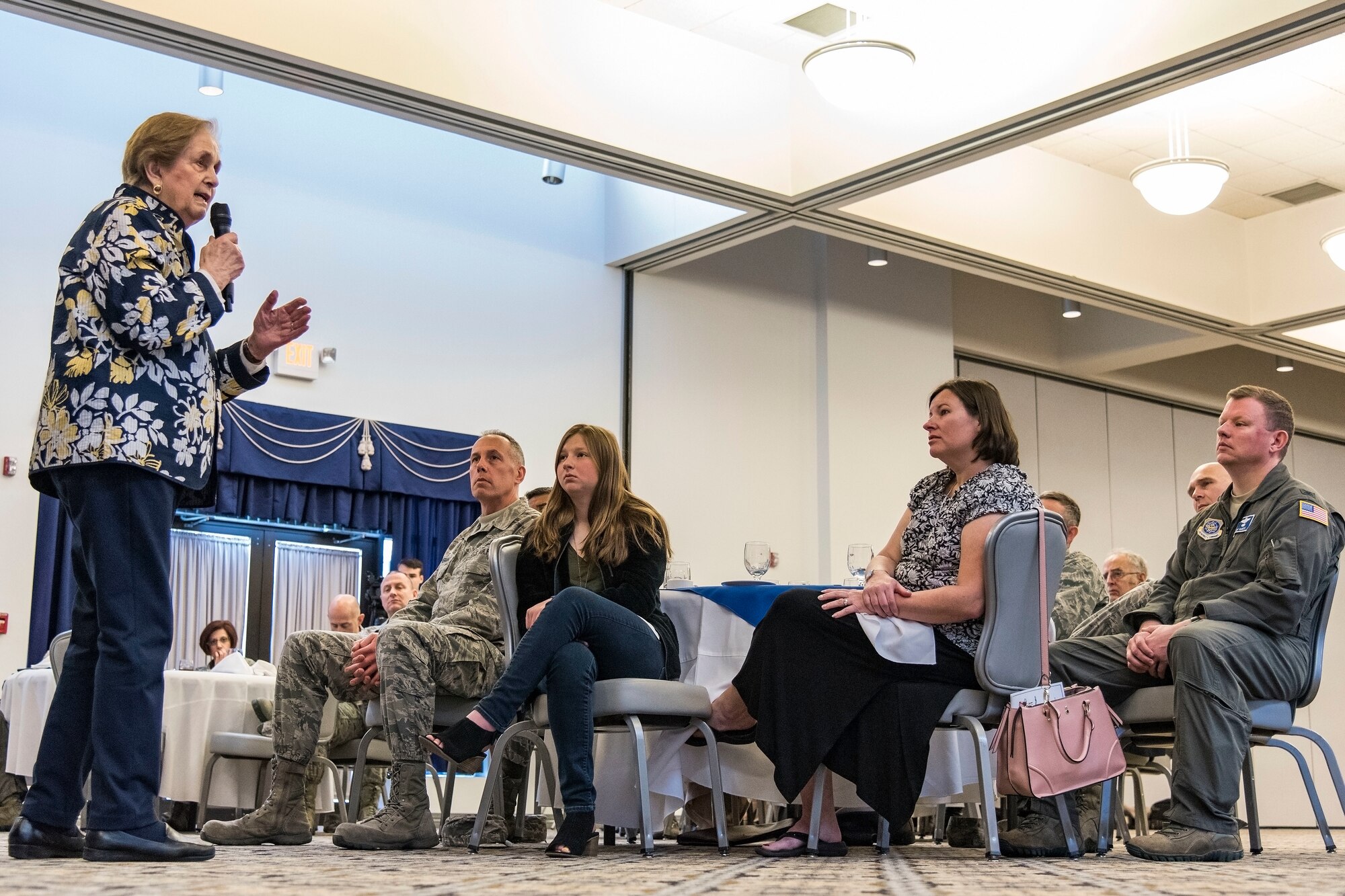 Ann Jaffe, a Holocaust survivor, tells her story to Holocaust Remembrance Luncheon attendees, April 17, 2018, at The Landings on Dover Air Force Base, Del. Four to five times a month, Jaffe speaks primarily at universities and high schools around the Wilmington, Del., area. (U.S. Air Force photo by Roland Balik)