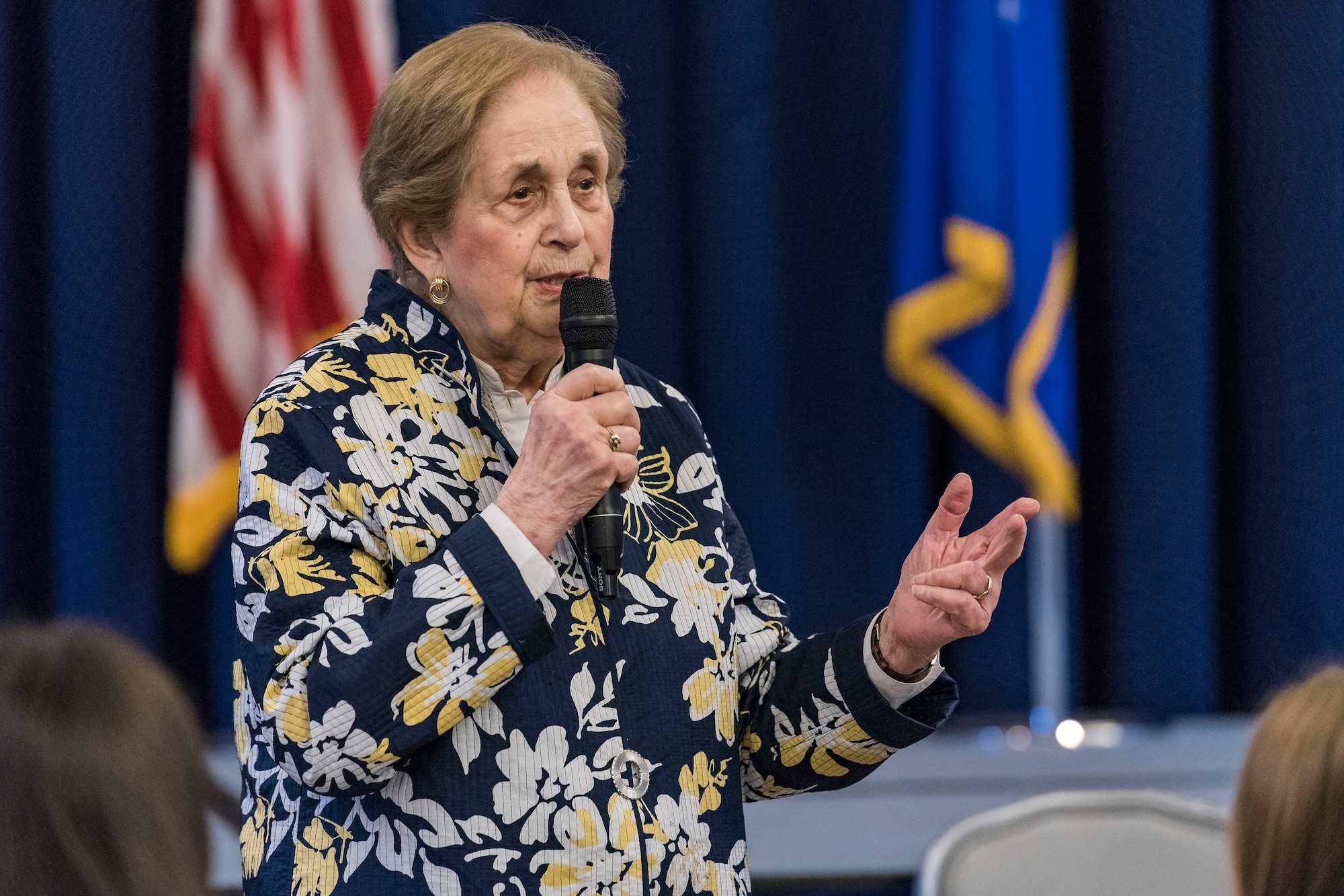 Ann Jaffe, a Holocaust survivor, speaks to Team Dover members during the Holocaust Remembrance Luncheon, April 17, 2018, at The Landings on Dover Air Force Base, Del. Jaffe’s personal story was focused toward the elimination of hatred by educating younger generations about the Holocaust. (U.S. Air Force photo by Roland Balik)