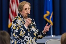 Ann Jaffe, a Holocaust survivor, speaks to Team Dover members during the Holocaust Remembrance Luncheon, April 17, 2018, at The Landings on Dover Air Force Base, Del. Jaffe’s personal story was focused toward the elimination of hatred by educating younger generations about the Holocaust. (U.S. Air Force photo by Roland Balik)