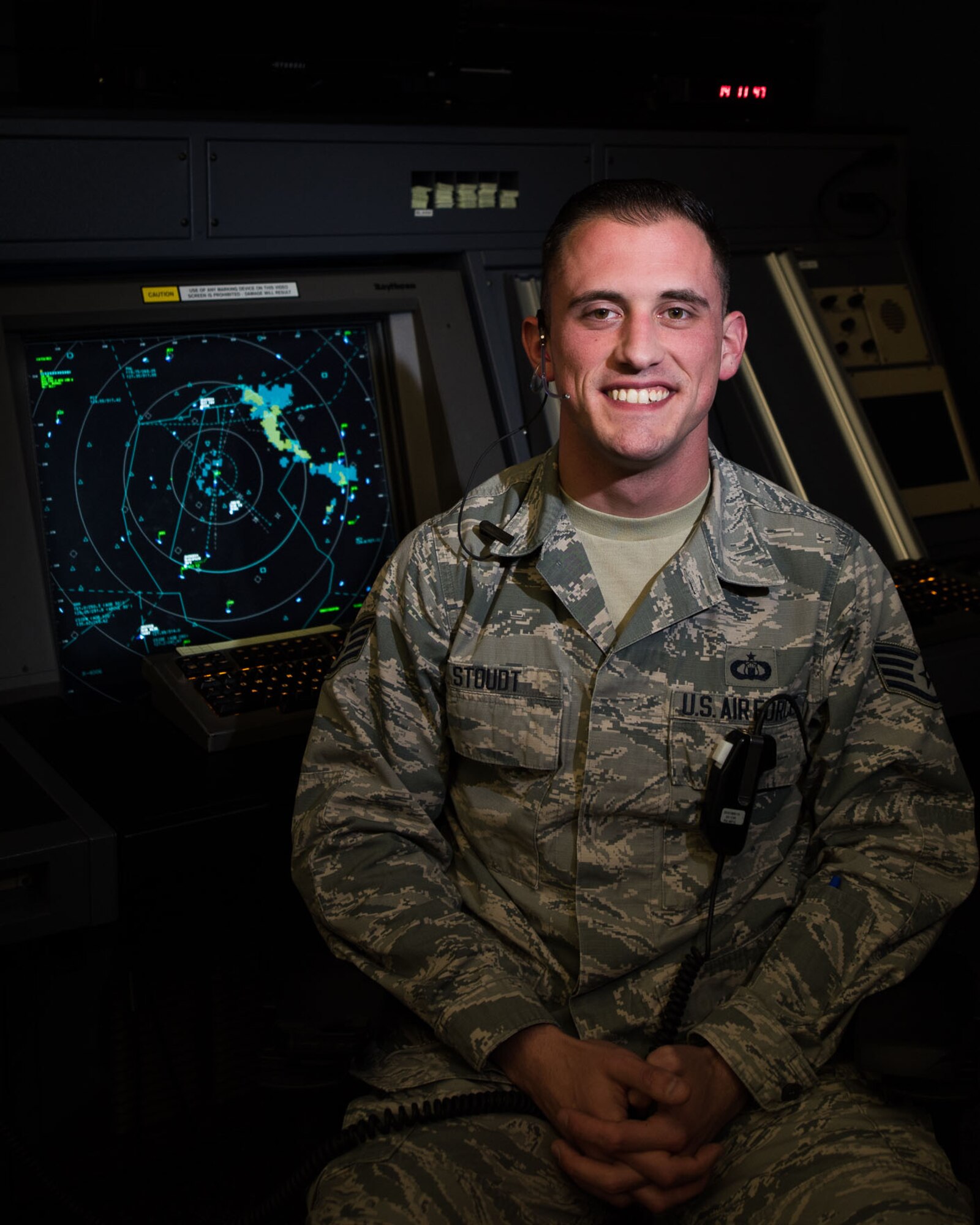 Staff Sgt. Justin Stoudt, 436th Operations Support Squadron Radar Approach Control air traffic controller, poses for a portrait April 23, 2018, at Dover Air Force Base, Del. Stoudt was selected as a recipient of the Lt. Gen. Gordon A. Blake Aircraft Save Award for his outstanding performance while assisting a pilot who declared an in-flight emergency in October 2017. (U.S. Air Force photo by Airman 1st Class Zoe M. Wockenfuss)