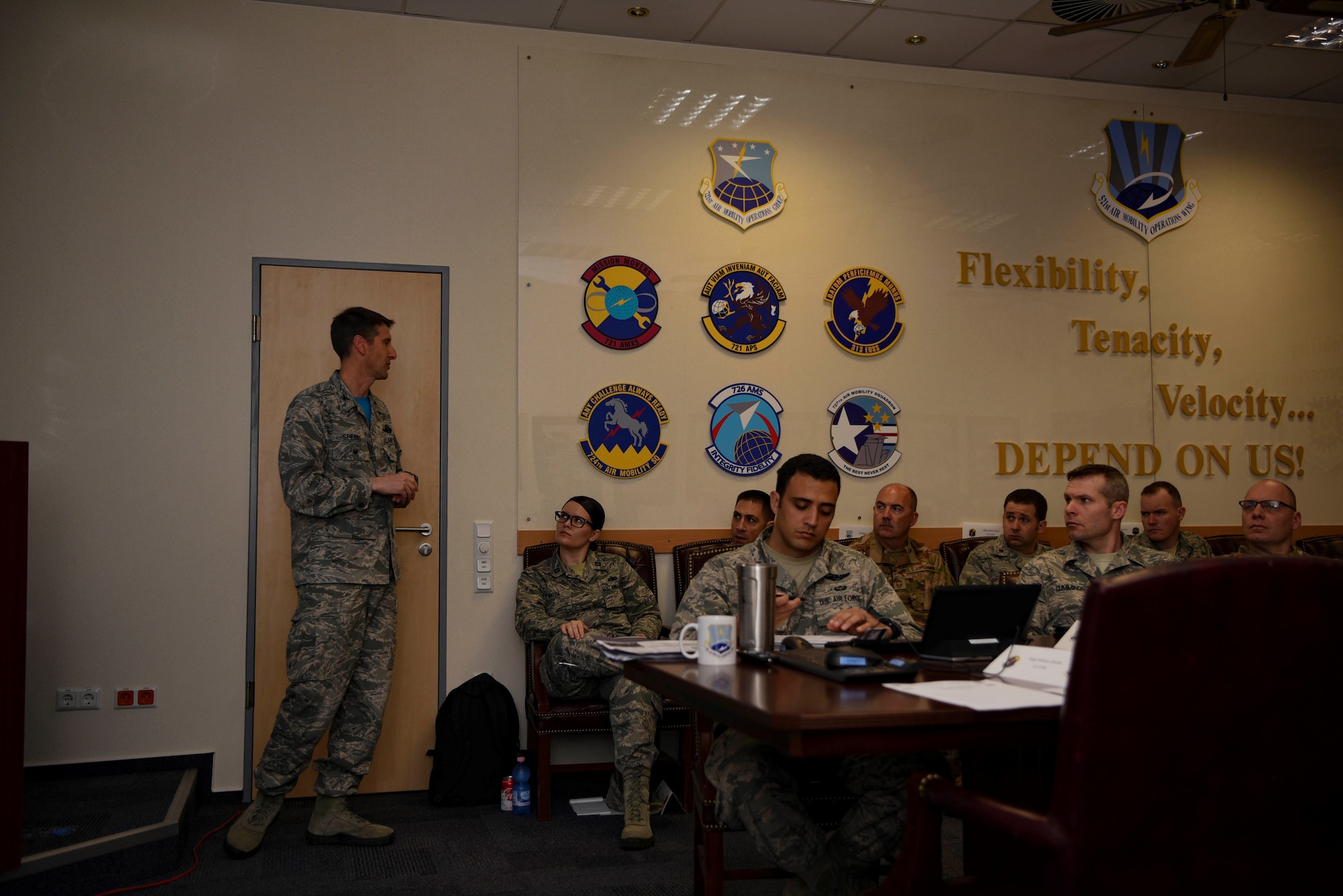 U.S. Air Force Col. Bradley Spears, 521st Air Mobility Operations Wing vice commander, spoke to current and upcoming leadership within the 521st AMOW during the Squadron Leadership Orientation Course on Ramstein Air Base, Germany, April 20, 2018. The course focused on 521st AMOW’s strategic priorities of developing Airmen and enhancing partnerships.