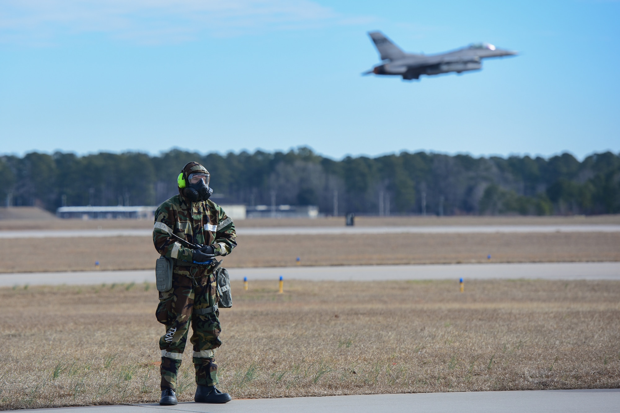 U.S. Air Force Airmen, assigned to the South Carolina Air National Guard’s 169th Fighter Wing, participate in an exercise that measures the ability to survive and operate in chemical warfare equipment at McEntire Joint National Guard Base, S.C., Feb. 3, 2018. Swamp Fox Airmen continue to hone routine skills to meet combatant command requirements. The muscle memory that is formed by using this equipment multiple times allows Airmen the ability to focus their attention on completing the mission under austere conditions. (U.S. Air National Guard photo by Senior Airman Megan Floyd)