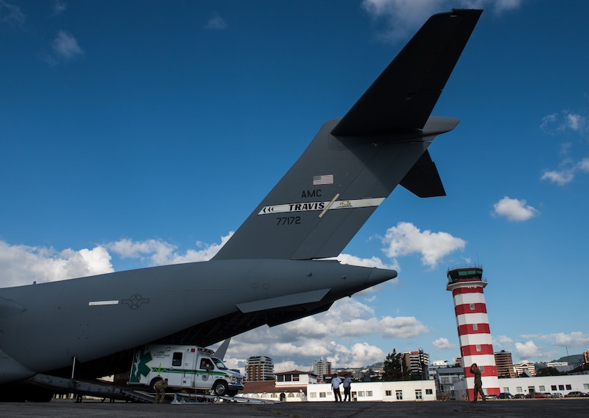 A C-17 transport jet sits on the ramp in Guatemala City.