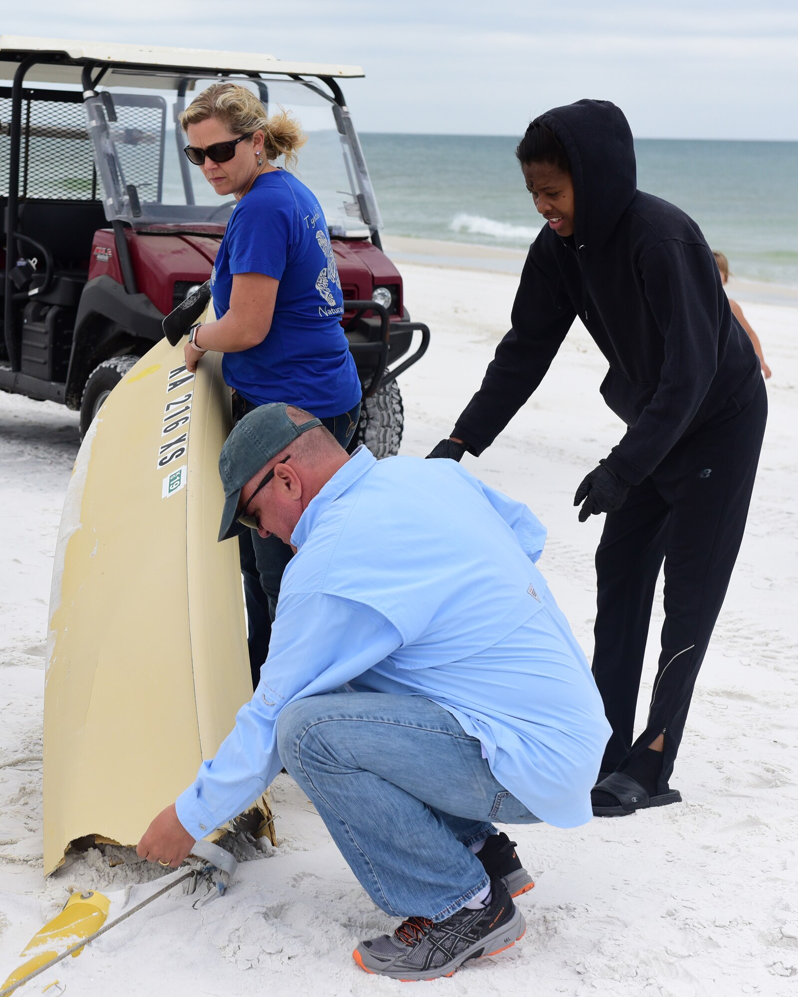 Volunteers from Tyndall Air Force Base, Fla., and the surrounding area took part in the “Tidy Up for Turtles Beach Clean-Up” at the Tyndall NCO Beach April 21, 2018. Volunteers walked the beach searching for visible debris in preparation for the upcoming sea turtle nesting season. Sea turtles and protected shorebirds often make the Tyndall NCO Beach their nesting grounds and are federally protected due to illegal harvesting, habitat encroachment and pollution. (U.S. Air Force photo by Senior Airman Cody R. Miller/Released)