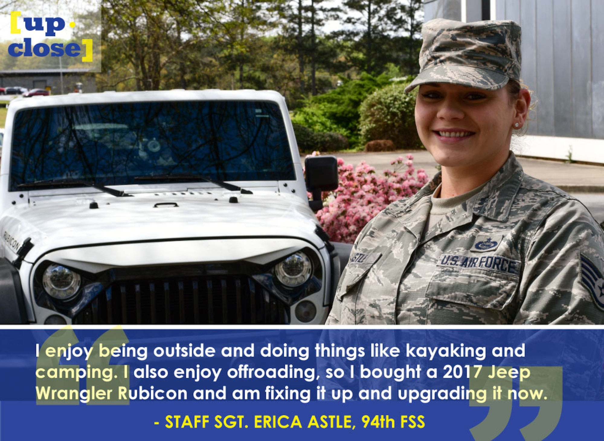 This week’s Up Close features Staff Sgt. Erica Astle, a 94th Force Support Squadron education and training manager. Up Close is a series spotlighting individuals around Dobbins Air Reserve Base. (U.S. Air Force graphic and photo/Staff Sgt. Andrew Park)
