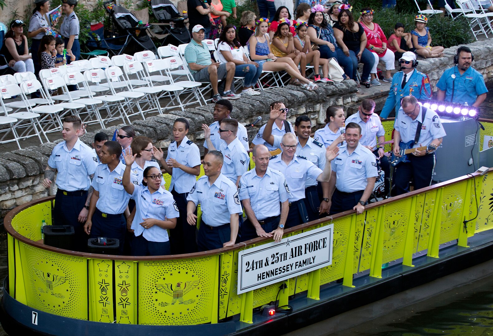 Air Forces Cyber Airmen participate in the Texas Cavaliers River Parade during 2018 Fiesta San Antonio, April 23. Fiesta San Antonio is held annually to honor those who lost their lives at the Alamo and Battle of San Jacinto. (U.S. Air Force photo by Tech. Sgt. R.J. Biermann)