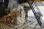 Senior Airman Kirt Van Natta, air transportation journeyman in the 67th Aerial Port Squadron, loads cargo aboard a C-5 Galaxy