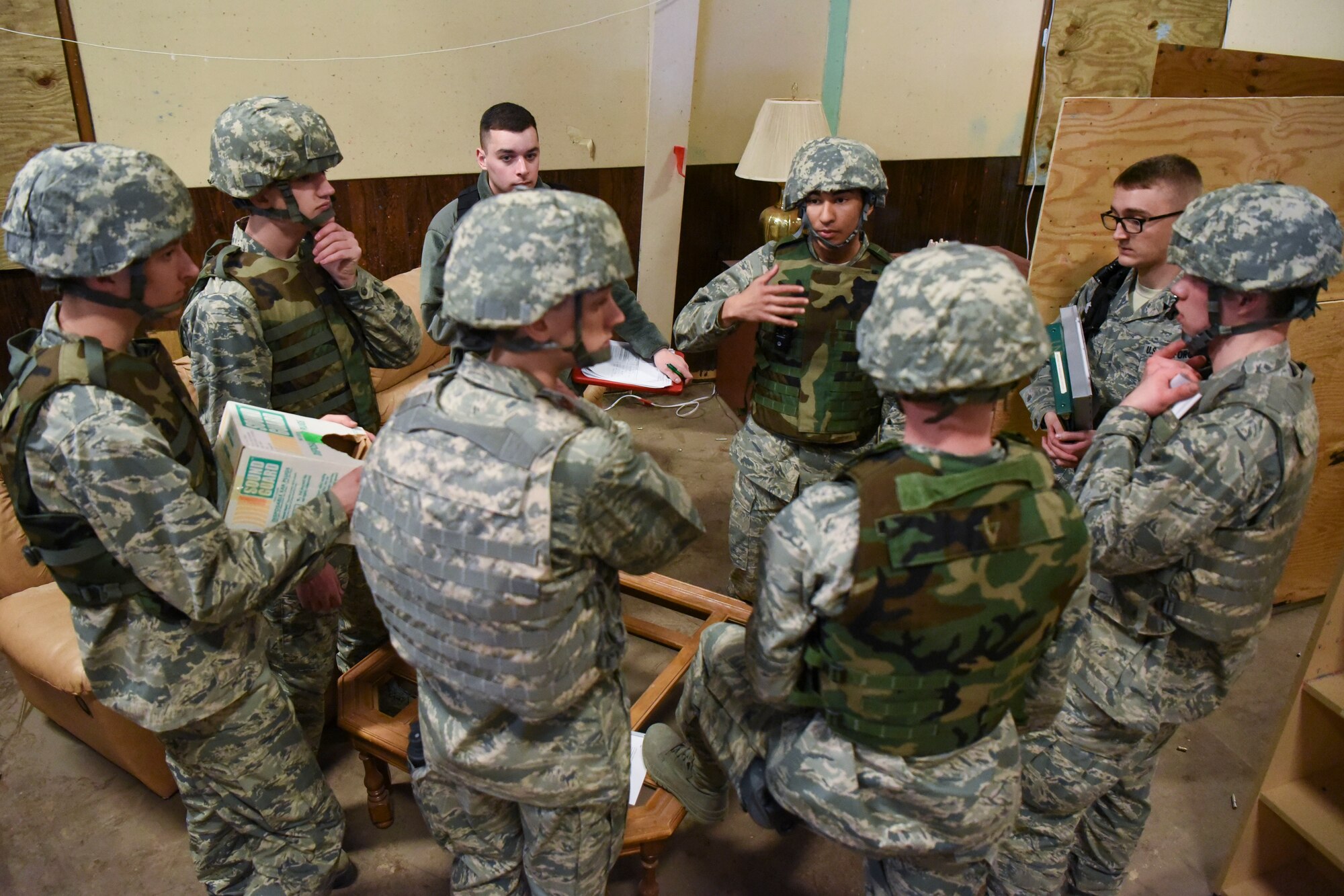 Members from the ROTC program at the University of North Dakota, participate in a readiness exercise on Grand Forks Air Force Base, N.D., April 21, 2018. The Airmen tested their leadership skills, vigilance, and ability to work together under pressure, preparing them for real life scenarios they may face upon their commission. (U.S. Air Force photo by Airman 1st Class Melody Wolff)