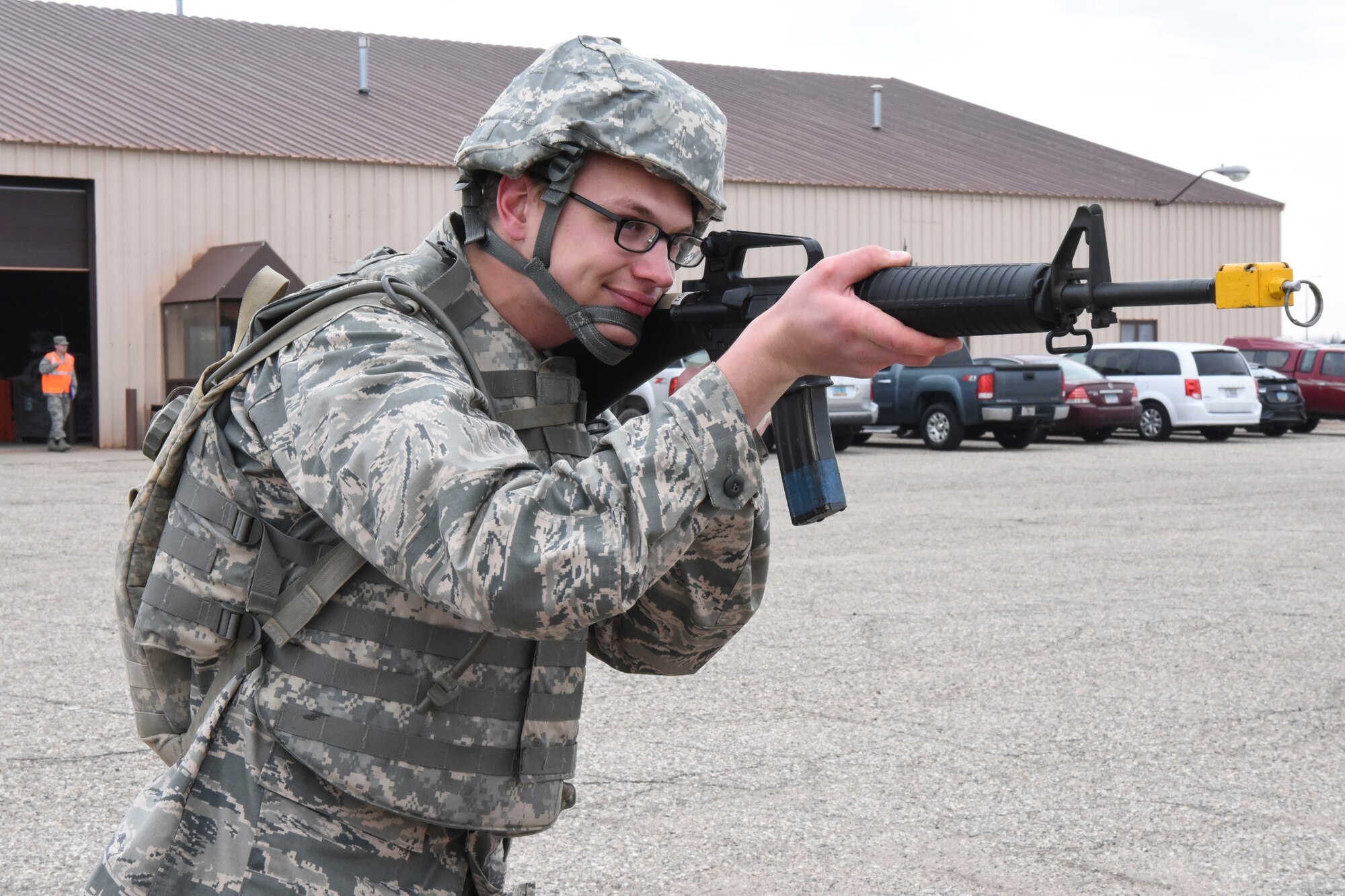 Cadet Max Koller, a member of the ROTC program at the University of North Dakota, participates in a readiness exercise on Grand Forks Air Force Base, N.D., April 21, 2018. During the exercise, Koller guarded the entrance of the base to ensure unauthorized individuals did not enter. (U.S. Air Force photo by Airman 1st Class Melody Wolff)