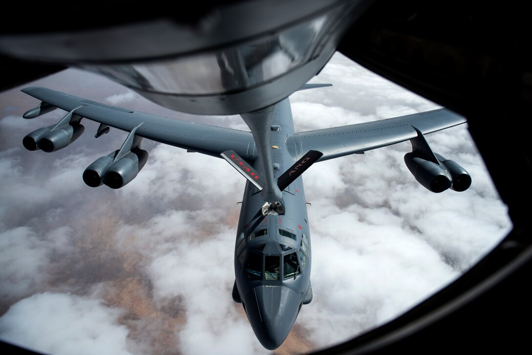 A B-52 Stratofortress bomber receives fuel from a KC-135 Stratotanker from the 191st Air Refueling Squadron, during Exercise African Lion April 20, 2018. Various units from the U.S. Armed Forces will conduct multilateral and stability operations training with units from the Royal Moroccan Armed Forces in the Kingdom of Morocco. This combined multilateral exercise is designed to improve interoperability and mutual understanding of each nation’s tactics, techniques and procedures while demonstrating the strong bond between the nation’s militaries. (U.S. Air Force photo/Senior Airman Malcolm Mayfield)