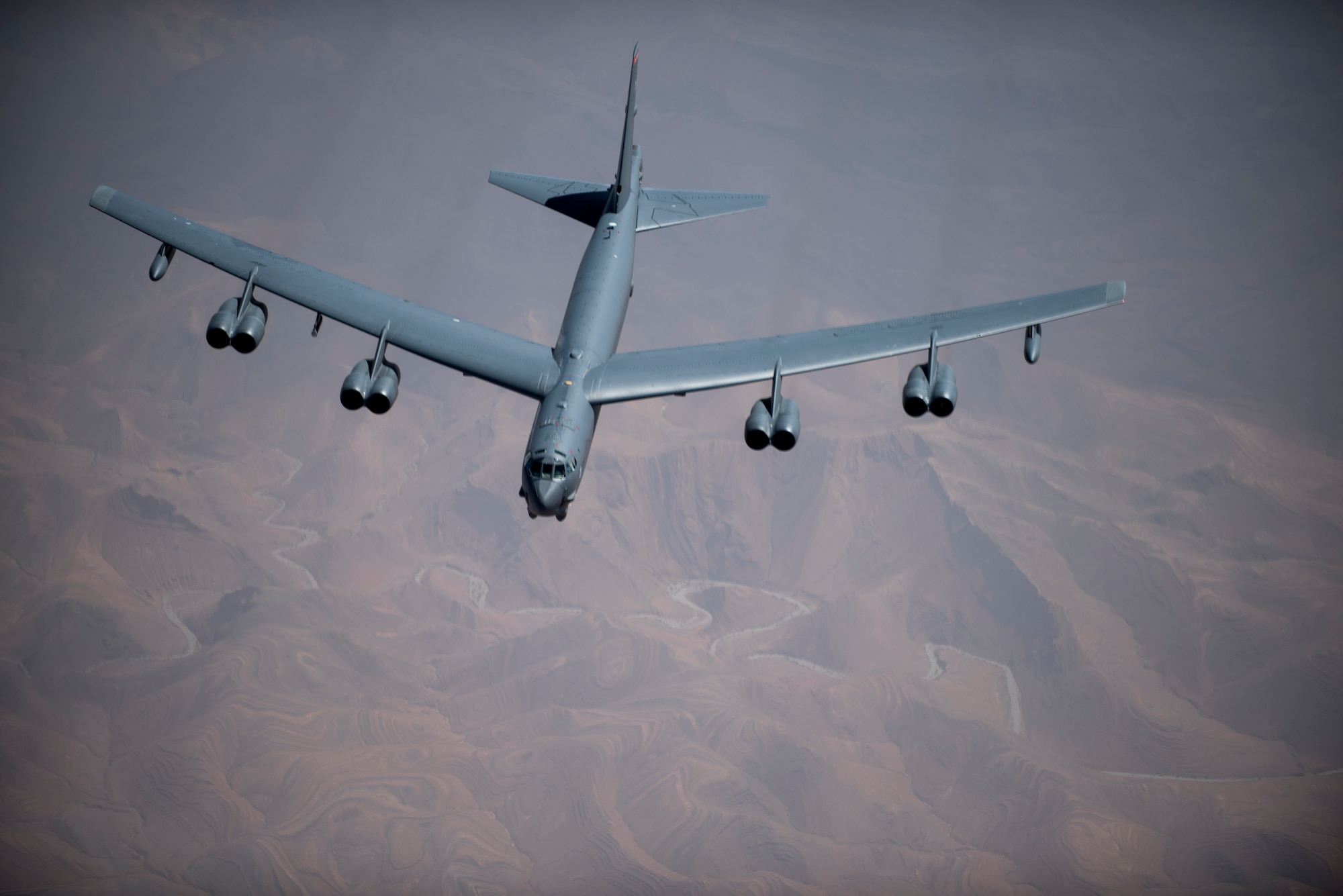 A B-52 Stratofortress bomber flies above Morocco during Exercise African Lion April 20, 2018. Various units from the U.S. Armed Forces will conduct multilateral and stability operations training with units from the Royal Moroccan Armed Forces in the Kingdom of Morocco. This combined multilateral exercise is designed to improve interoperability and mutual understanding of each nation’s tactics, techniques and procedures while demonstrating the strong bond between the nation’s militaries. (U.S. Air Force photo/Senior Airman Malcolm Mayfield)