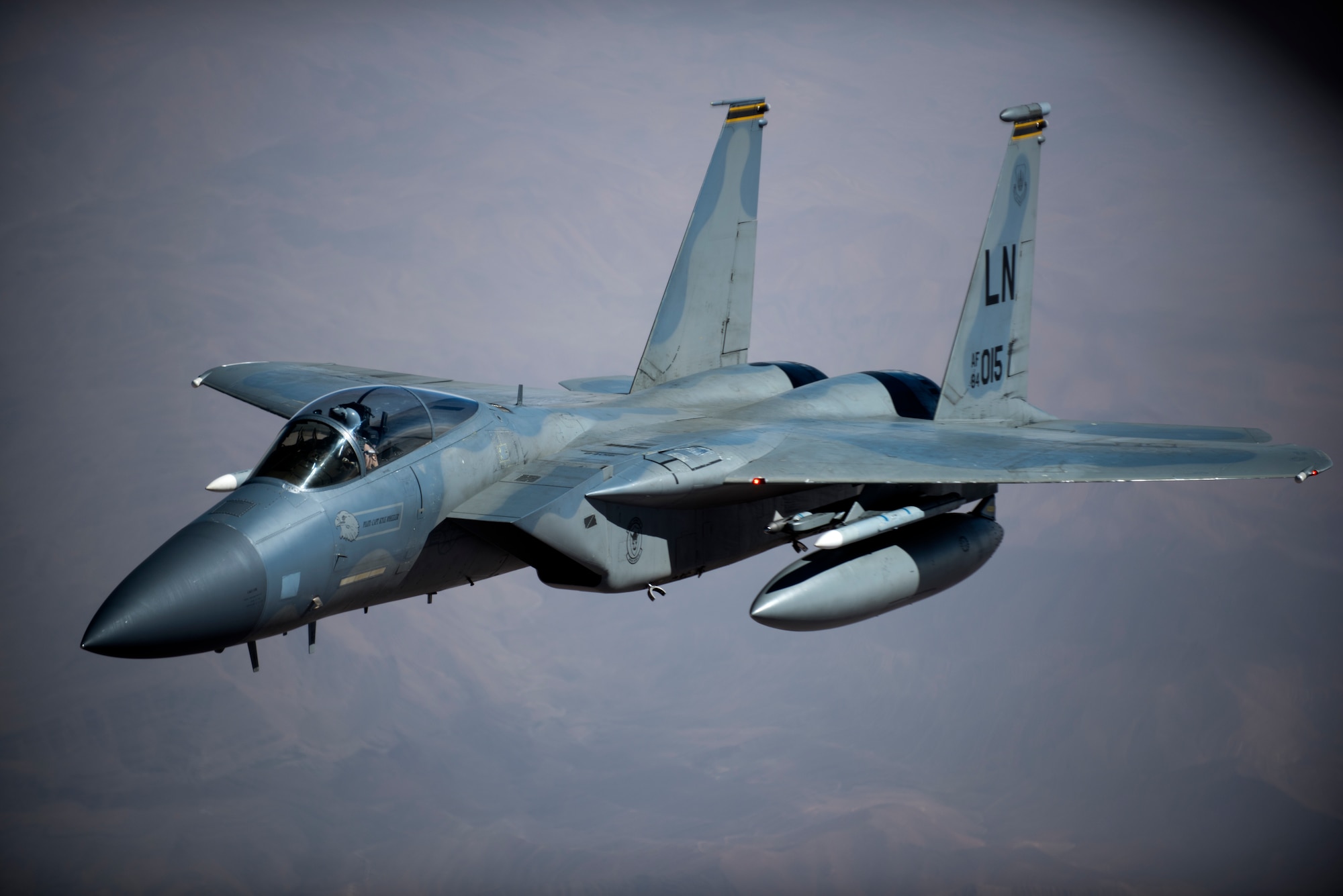 An F-15C Eagles assigned to the 493rd Fighter Squadron flies above Morocco during Exercise African Lion April 20, 2018. Various units from the U.S. Armed Forces will conduct multilateral and stability operations training with units from the Royal Moroccan Armed Forces in the Kingdom of Morocco. This combined multilateral exercise is designed to improve interoperability and mutual understanding of each nation’s tactics, techniques and procedures while demonstrating the strong bond between the nation’s militaries. (U.S. Air Force photo/Senior Airman Malcolm Mayfield)